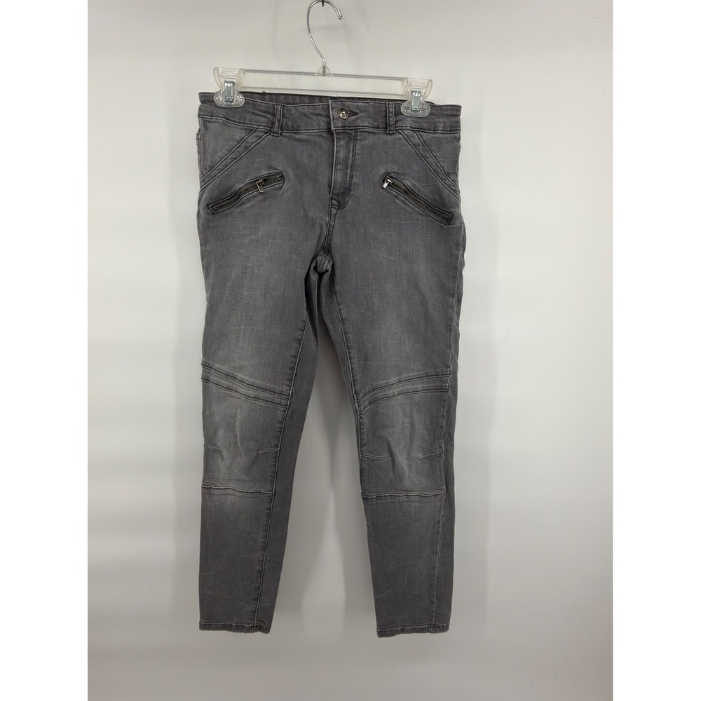 Zara Basic Z1975 Denim Grey Moto Skinny Jeans Womens 8 Biker Pintuck Zipper